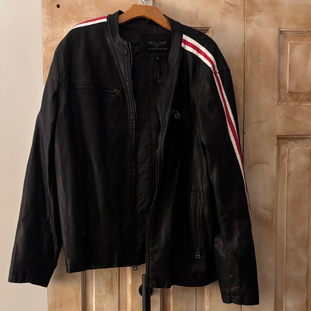 Wilsons Leather Black Bomber Jacket With Red And White Accents